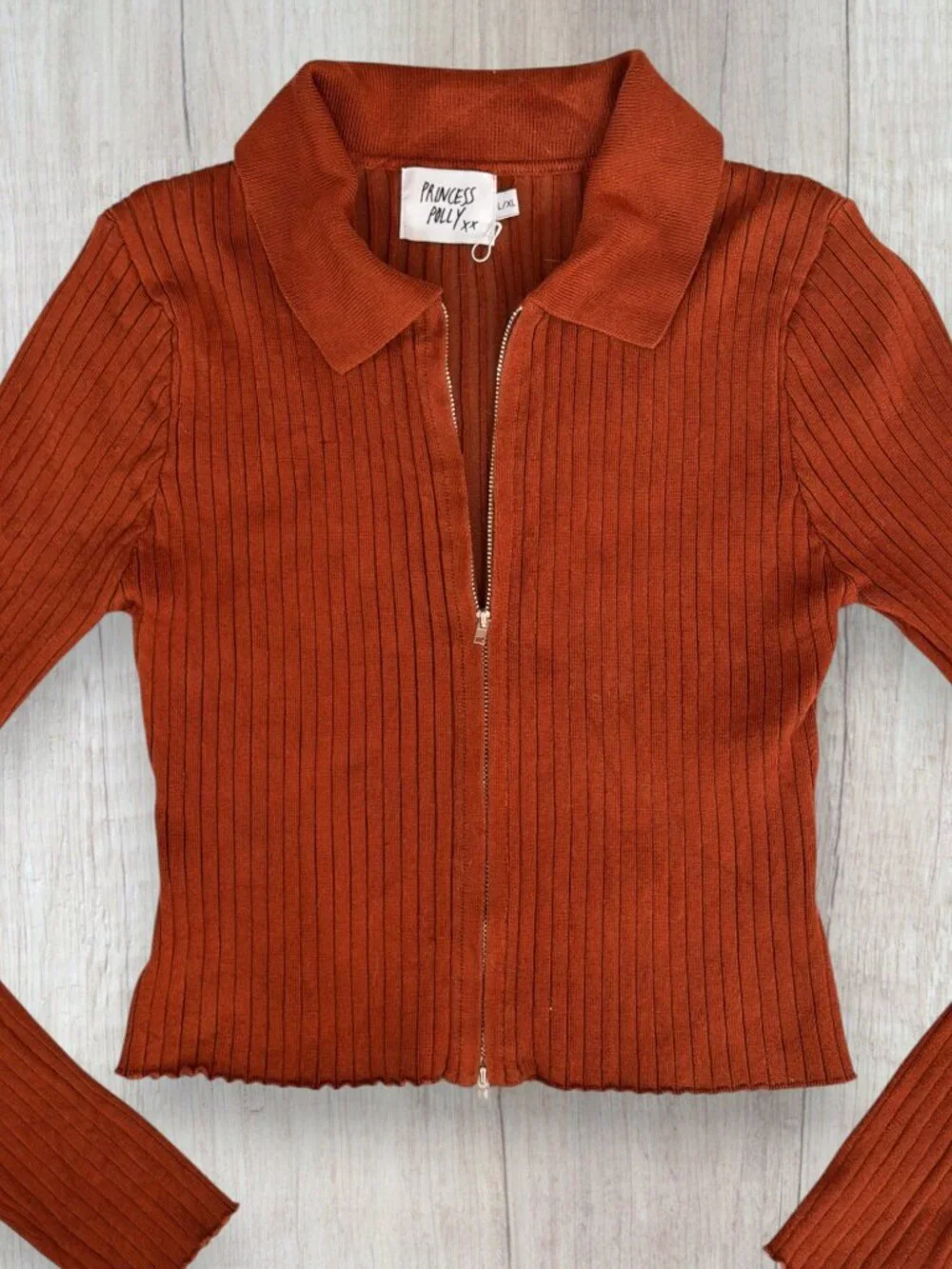 Princess Polly Collared Rib Knit Y2K Zip Up Sweater Top Rust Brown Fitted L/XL
